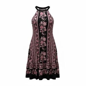 Loft High-Neck Halter Jersey Knit Floral Black Print Dress Modern Boho Summer Sm